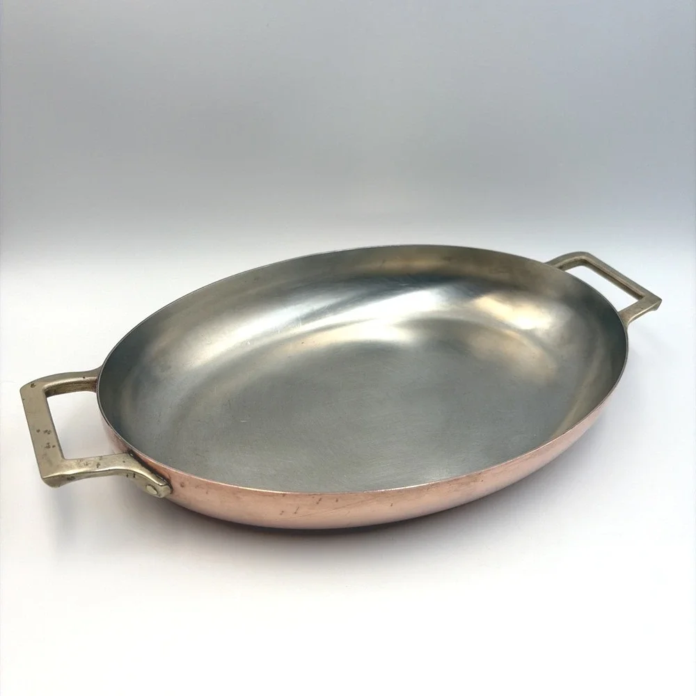 Vintage Paul Revere 1801 Copper Bottom Oval Au Gratin Pan Brass Handles 12